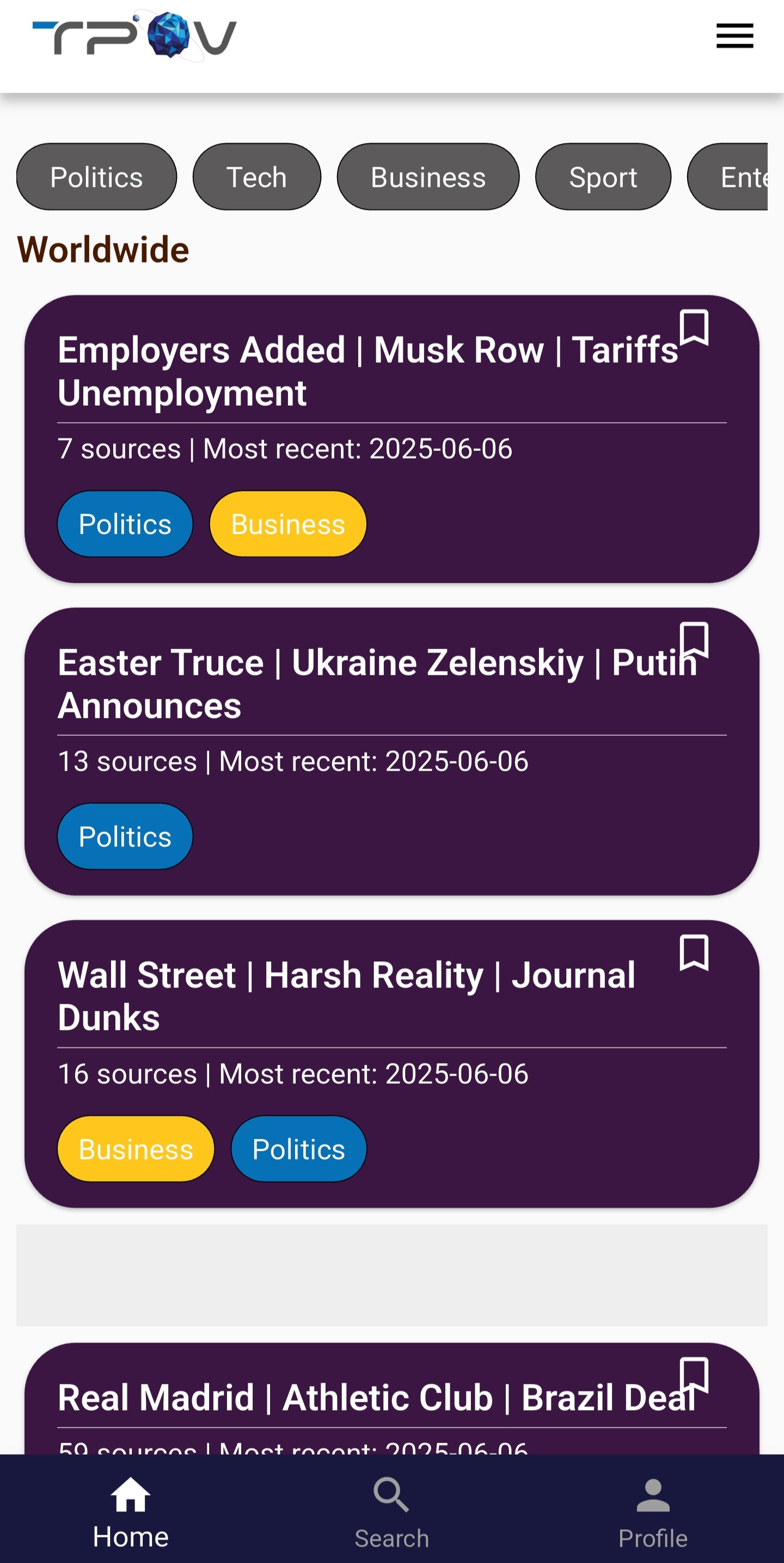TPOV app screenshot: topic comparisons